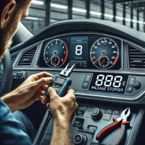 Mechanic installing a mileage stopper on a vehicle dashboard with digital odometer.