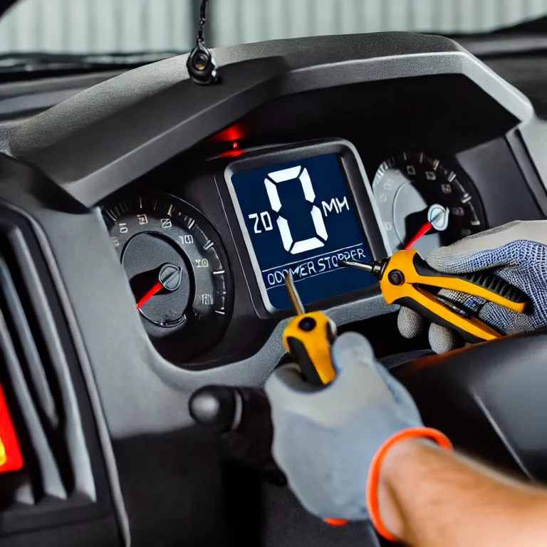 Mechanic installing an odometer stopper device in a car's dashboard to control mileage.