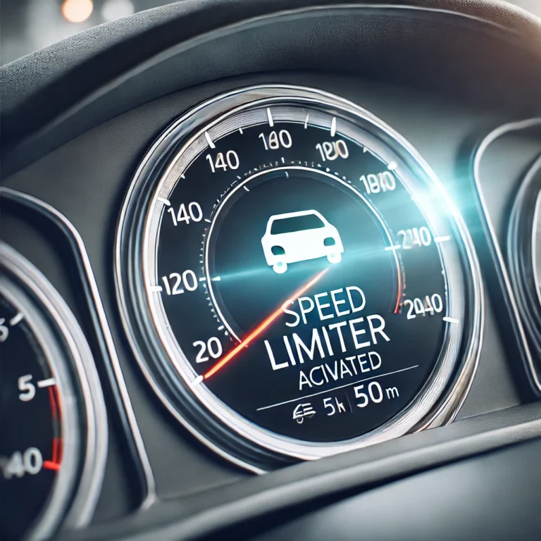 Speedometer with speed limiter activated, showing controlled speed.