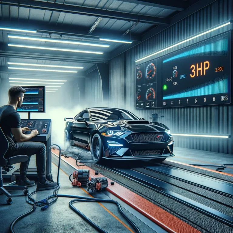 A car being tested on a rolling road dyno with digital displays showing BHP measurements.