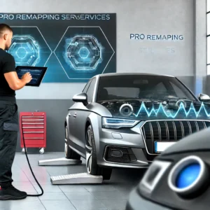 Mechanic remapping a modern car in a high-tech garage using advanced diagnostic tools