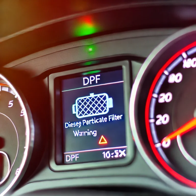 DPF warning light illuminated on a car's dashboard, indicating a blocked diesel particulate filter.