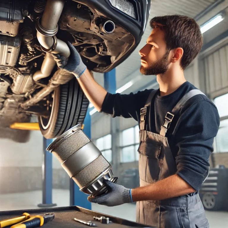 Mechanic replacing a Diesel Particulate Filter (DPF) on a vehicle in a clean garage environment.