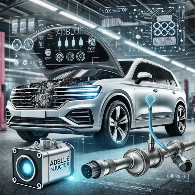 Technician diagnosing a diesel vehicle's emissions system, highlighting the AdBlue, NOx sensor, and O2 sensor.