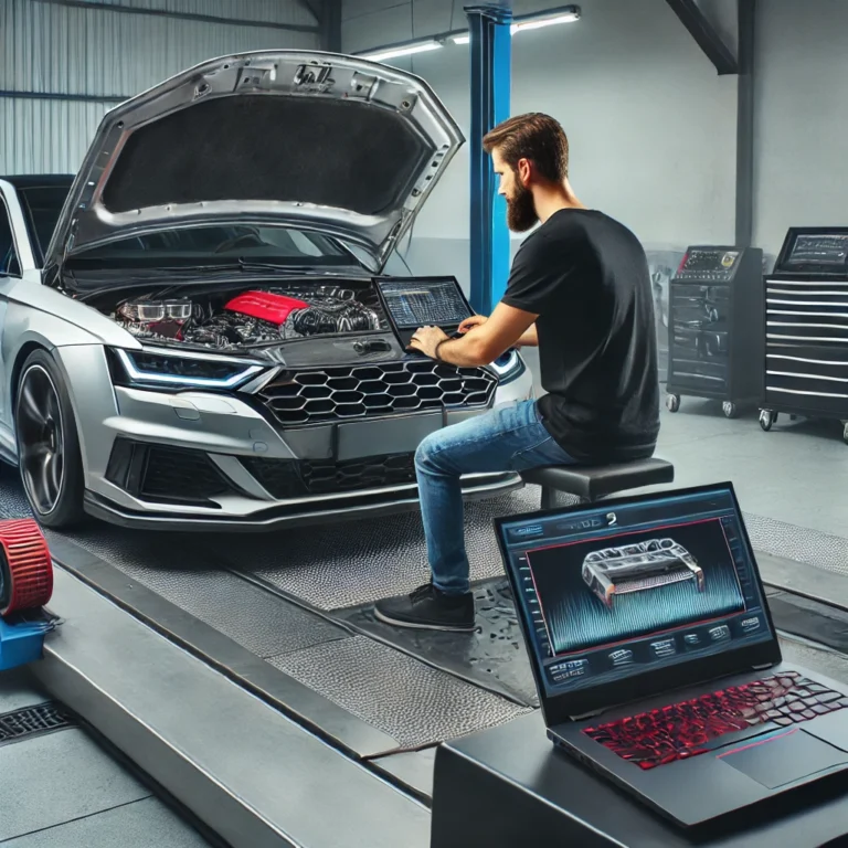 Technician adjusting ECU tuning on a modern car during Stage 2 remap, with performance upgrades visible.