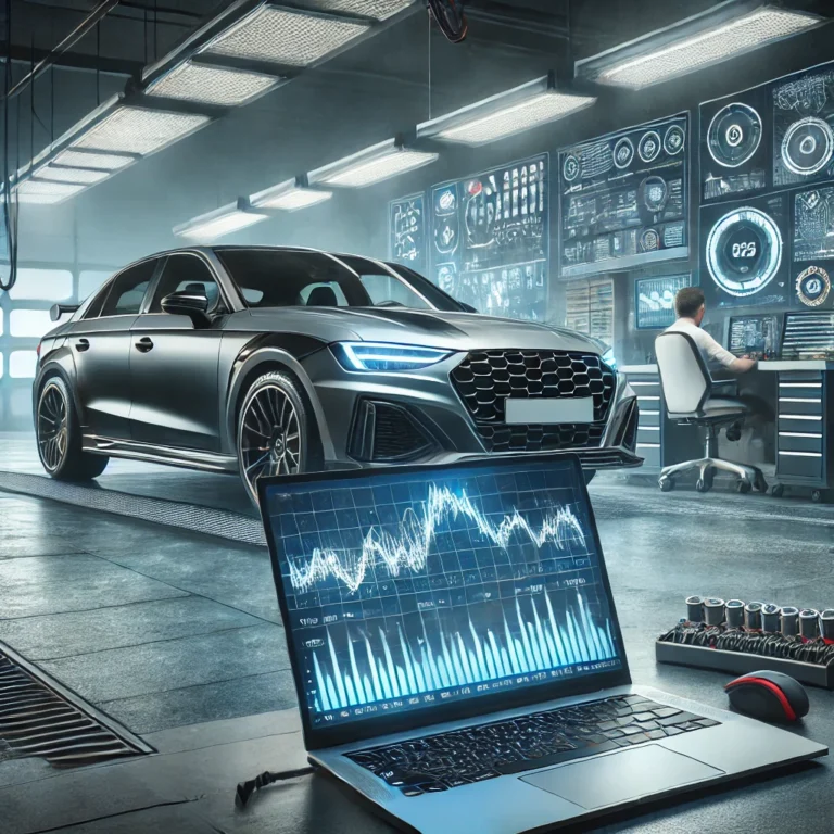 Technician performing ECU remapping on a modern car in a high-tech garage, with diagnostic software showing performance data.