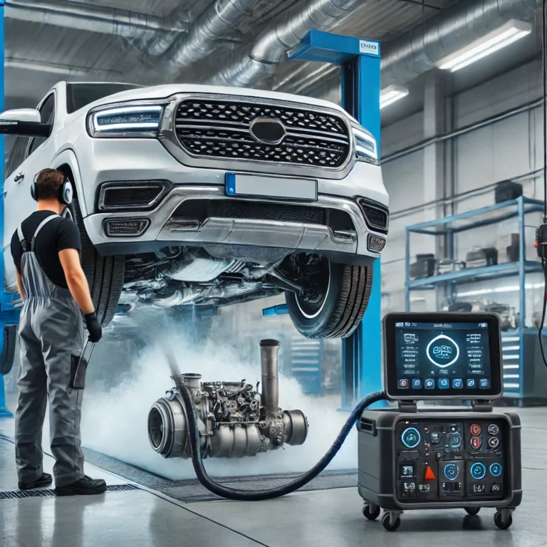 Mechanic performing DPF cleaning on a diesel vehicle using advanced equipment in a professional garage.