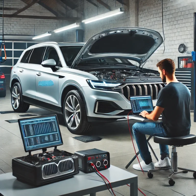 Technician performing ECU remapping on a modern car in a professional garage, using advanced diagnostic equipment.