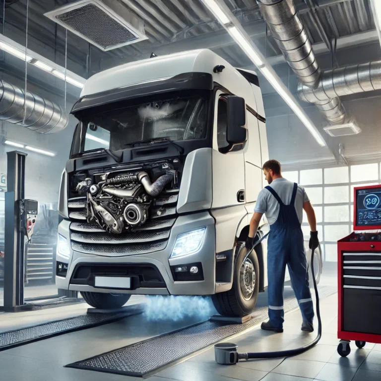 Mechanic performing DPF cleaning on a diesel vehicle in a professional garage with advanced equipment.